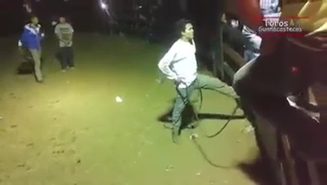 Serein, il tient la porte d'un taureau avec son pied