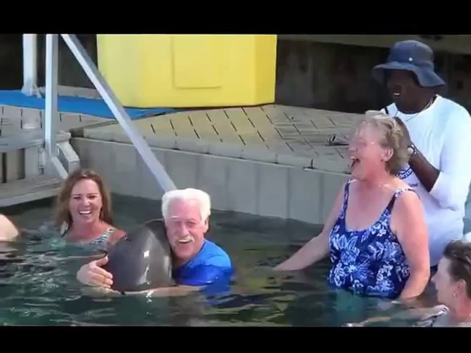 Un homme et un dauphin font un concours d'arrosage dans l'eau... Adorable