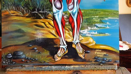 Vesalius third plate muscles, illustration for his De humani corporis fabrica. Oil on wood panel  by Pallominy