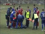 Joke scenes in Albania as an ambulance needed a tow from a firetruck to help an injured player