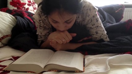 Funny Animal: Girl Reads With Kitten on Her Head - Studious Like a Cat