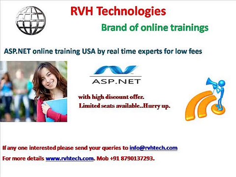 ASP.Net online training USA by real time experts for low fees cost price.