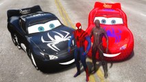 Black Spider-Man with Spider-Man having fun with their Custom Lightning McQueen SpiderMan Cars!