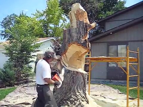 Lueb Popoff sculpte un tronc d'arbre avec sa tronçonneuse