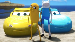 ADVENTURE TIME - FINN and JAKE riding Custom Yellow, Blue Lightning McQueen Cars! + Nursery Rhymes