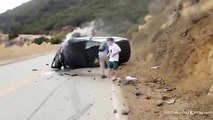 BMW loses control, smashes into mountain and flips on side