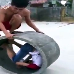 Fast train and old man-boy rolling in a ball pipe
