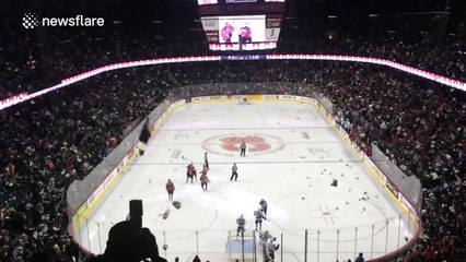 Moment 28K+ teddy bears are thrown onto hockey rink