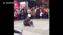 Elderly man shows off hip-hop dancing skills with professional dancers