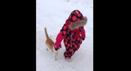 Un chat saute sur une petite fille par surprise