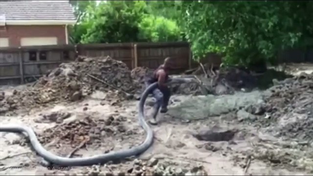 Bizarre moment concrete hose pipe blasts worker backwards