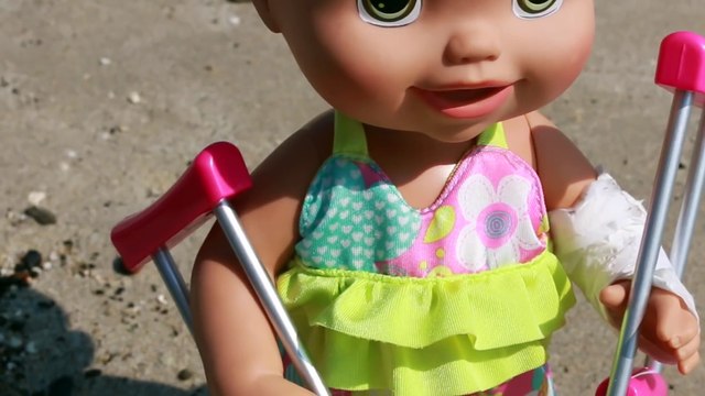 Baby Alive Doll on CRUTCHES Baby Beach Crazy Baby Boy Attack Hurt Doll Toy Video