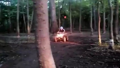 Un idiot sur un quad se prend un arbre