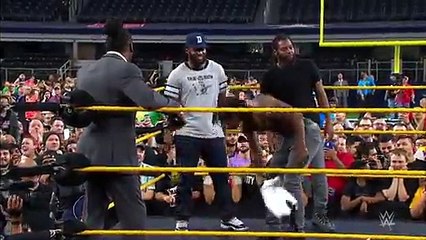 Booker T battles Brandon Carr in Spinaroonie-off WrestleMania On-Sale Party, November 5, 2015