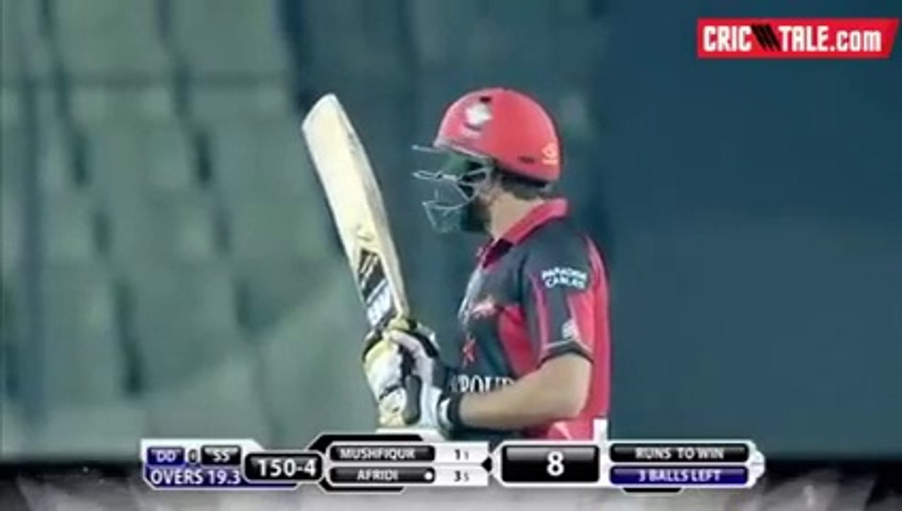 Shahid Afridi hit two sixes in successive balls in the final over to help Sylhet beat DHAKA .