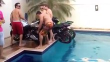 large waterfall made by 4 bikes in a pool hd 2015