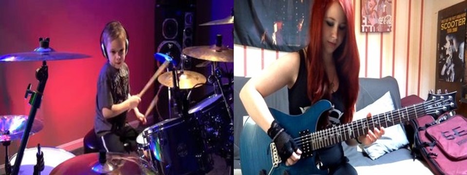 GIRL AND CHILD PLAY METALLICA - MASTER OF PUPPETS DRUM, GUITAR COVER