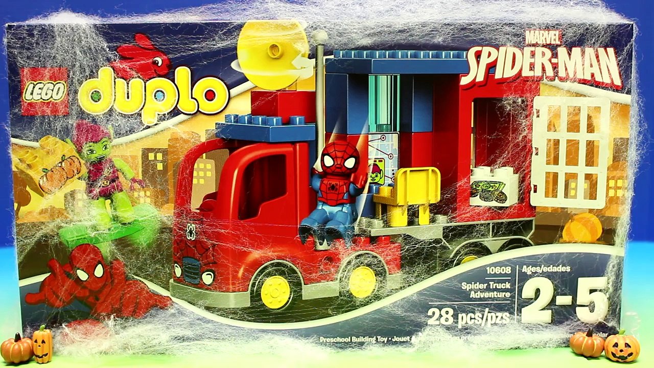 Lego Duplo Spider-Man truck And Spiderman Tangle Green Goblin In Massive Silly String Spid