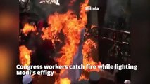Watch  Congress workers catch fire while lighting Modi's effigy