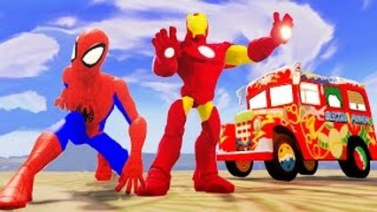SPIDER MAN & IRON MAN and Princess ANNA ride Bus with Nursery Rhymes Song for Kids Wheels