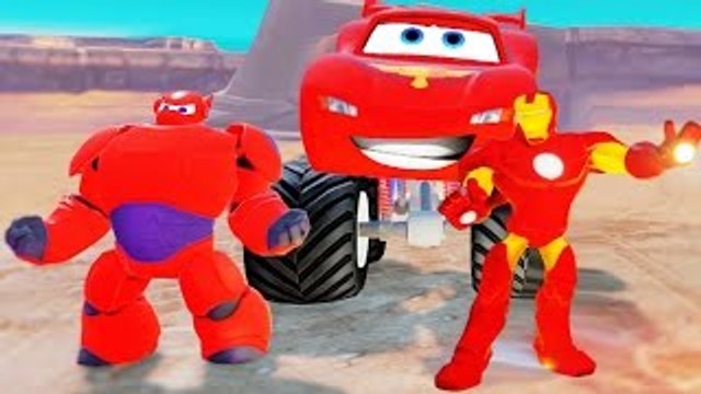 BAYMAX and IRON MAN with a Monster Truck Lightning McQueen Disney Pixar Cars! HD 1080p