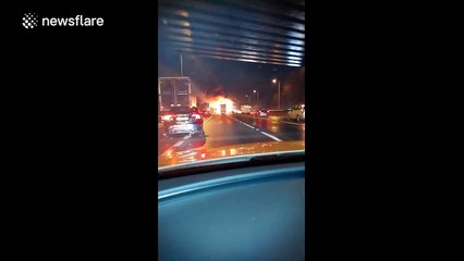 Lorry burns in middle of M62 motorway near Wakefield
