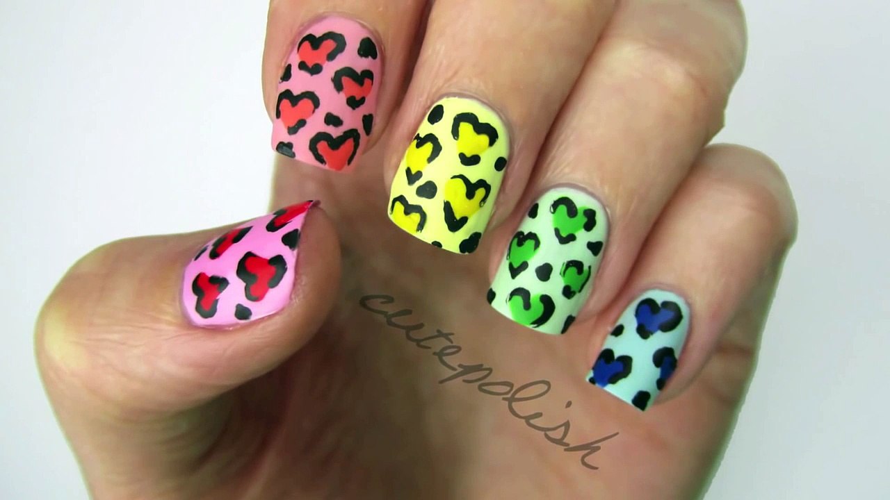 Rainbow Heart Leopard Nails