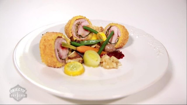 Le plat libre de Clément : râble de lapin en California rolls farcis, feuilles de blettes, purée de navets ronds et mousseline de betteraves