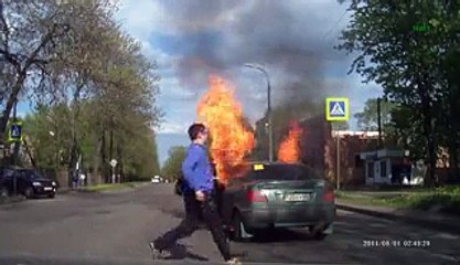 Woman smokes in the car with a gas cylinder