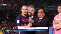 Rewarding Barcelona players Andres Iniesta, Lionel Messi and Luis Suarez