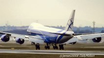 Boeing 747-8 Freighter Air Bridge Cargo Landing in Frankfurt Airport on Rainy Runway. Reg: VQ-BLQ