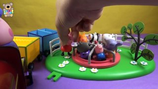Surprise Eggs Peppa Pig and George go to the park with friends on the train grandfather -
