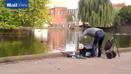Cruel prankster caught on camera pushing fisherman in pond