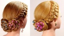 Braided hairstyle with ribbons. Updo hairstyles