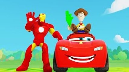 Toy Story Woody ridin Lightning McQueen Cars and flying with Iron Man Superhero Children R
