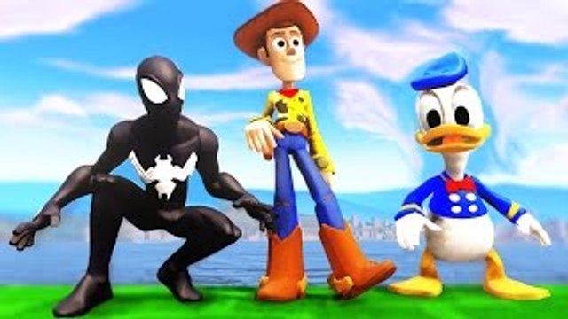 Black Spider Man & Toy Story Woody & Disneys Donald Duck play around Cars and Animals !!