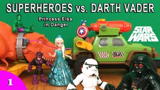 Superheroes vs. Darth Vader, Tyrannosaurus Rex, Captain America, Hulk, Princess Elsa. CoolToys Video