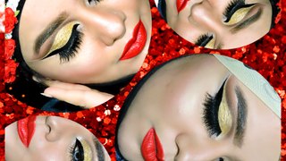 How To - Glittery Gold Cut Crease & Red Pout