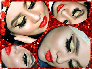 How To - Glittery Gold Cut Crease & Red Pout