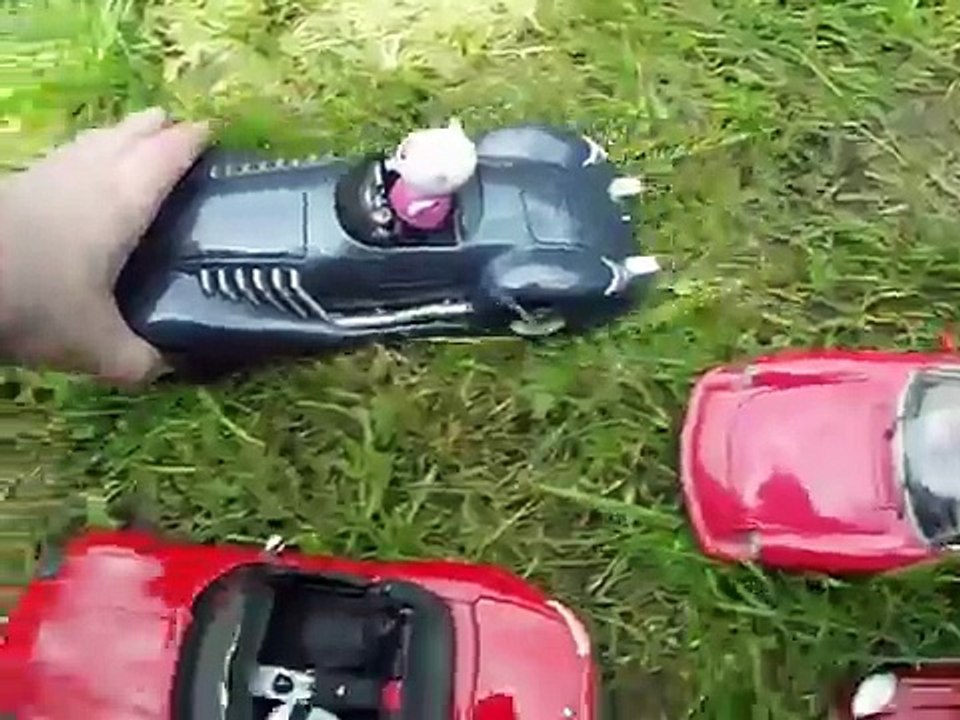 model cars peppa pig and friends racing in there cars real toys not cartoon crashing