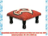 Homescapes Upholstered Footstool with Legs Kilim Red Handmade Solid Wood Frame with Traditional
