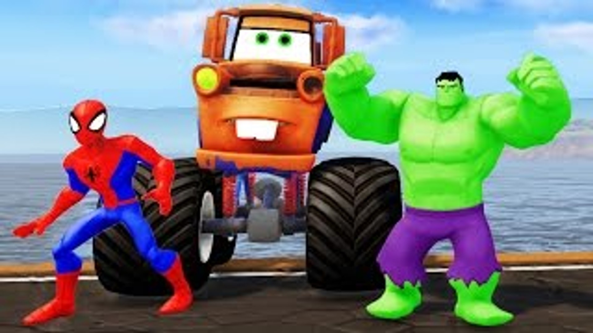 TOW MATER MONSTER TRUCK ! Spiderman & HULK + Nursery Rhymes (Songs for Kids  with Action) - Dailymotion Video