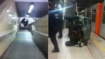 Une voiture poussée dans les escaliers d'un métro