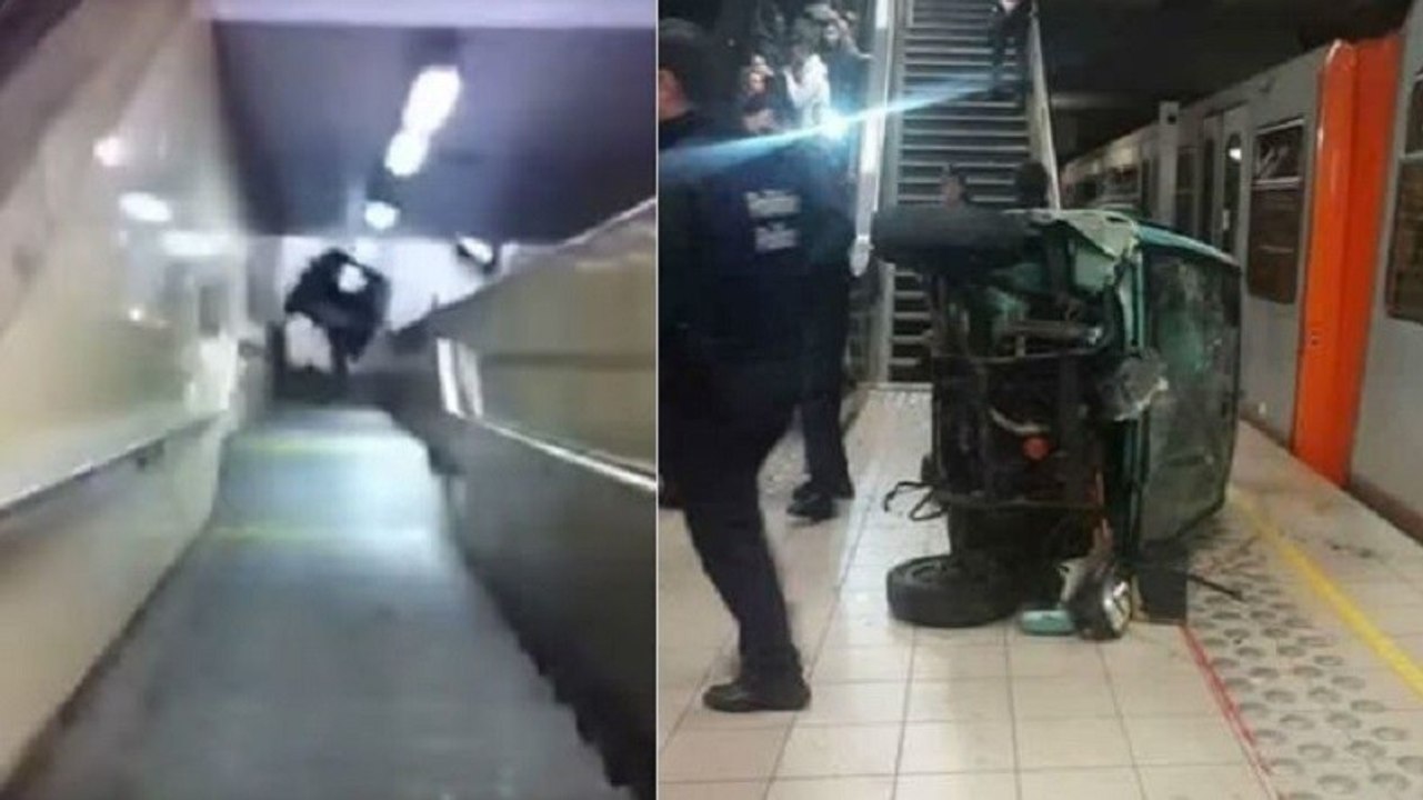 Une voiture poussée dans les escaliers d'un métro