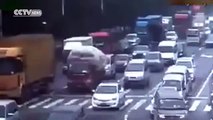 Shocking moment bamboos spill from truck and pierce car