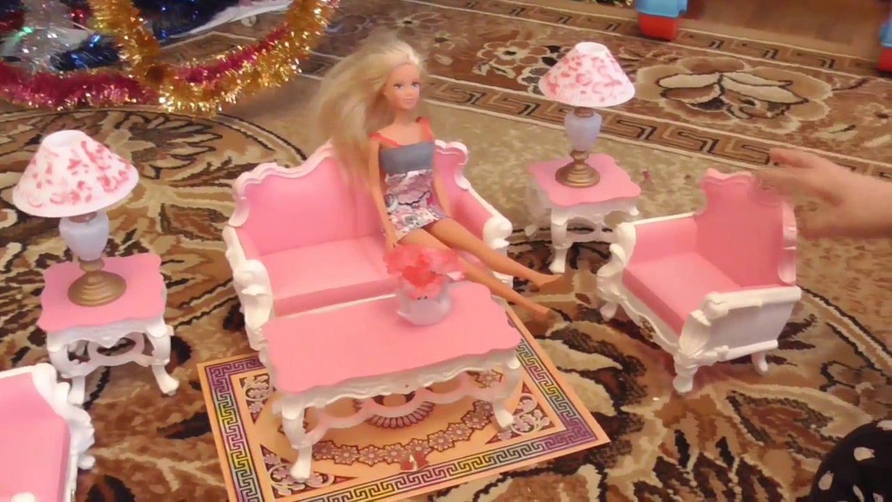 Кукла барби мультик. Мебель для кукол. Розовая гостиная. Barbie and Steffi furniture for doll