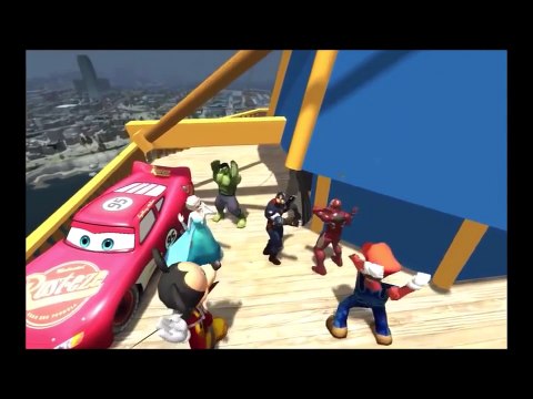 Spiderman and HULK dance and drive Disney Lightning Mcqueen Cars with Elsa Mickey Mouse an