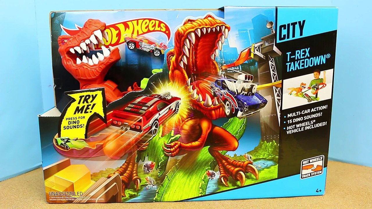 Hot Wheels City T-Rex Takedown Giant Dinosaur Attacks Eats Ninja Turtles T-Machines  and Car Toys - Dailymotion Video