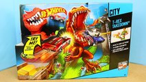Hot Wheels City T-Rex Takedown Giant Dinosaur Attacks Eats Ninja Turtles T-Machines and Car Toys