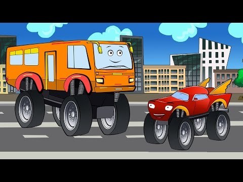 ✔ New Racing Monster Trucks with Monster Truck Bus at the City of Cars . Cartoons for Children.